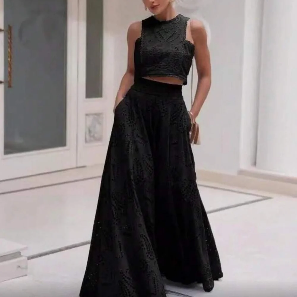 Elegant Black Eyelet Maxi Skirt and Top Set_3